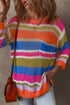 Striped Open Stitch Crew Neck Pullover Sweater