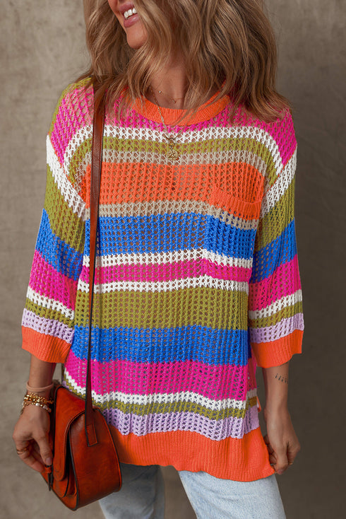 Striped Open Stitch Crew Neck Pullover Sweater