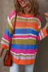Striped Open Stitch Crew Neck Pullover Sweater