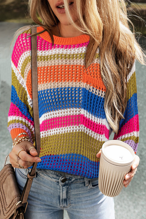 Striped Open Stitch Crew Neck Pullover Sweater