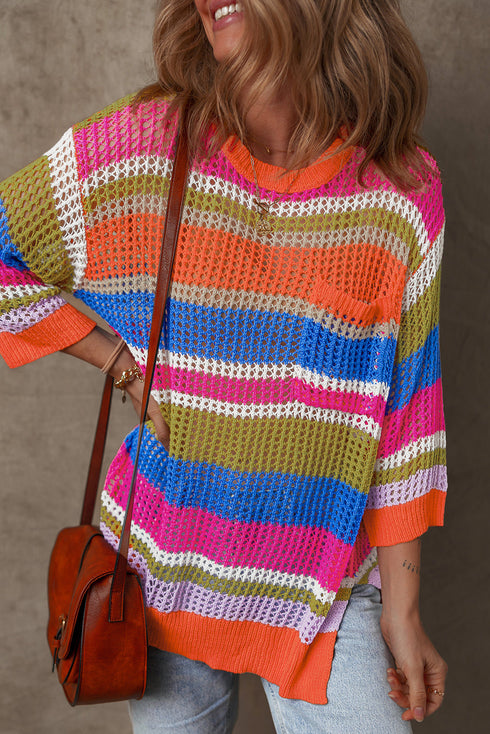 Striped Open Stitch Crew Neck Pullover Sweater