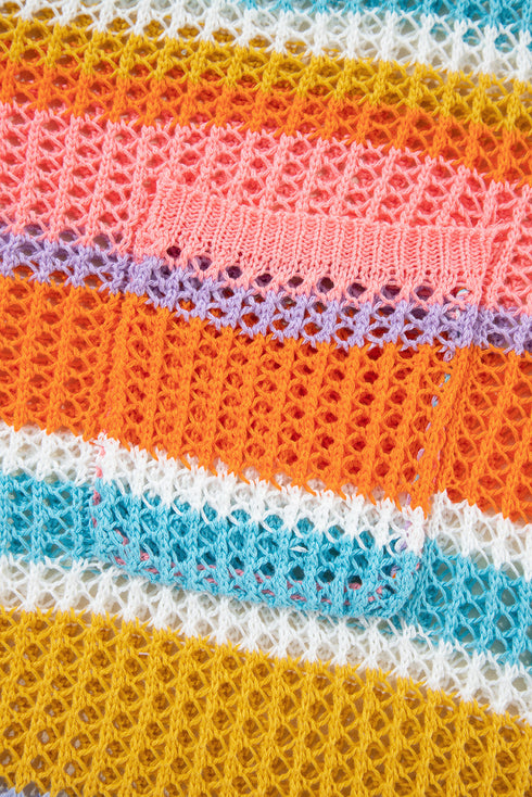 Striped Open Stitch Crew Neck Pullover Sweater