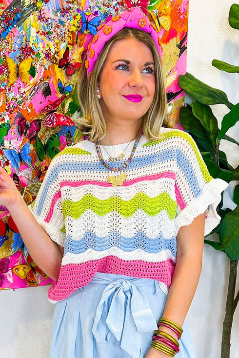 Striped Open Stitch Ruffle Sleeve Knit Top