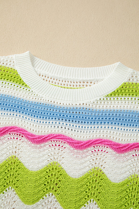 Striped Open Stitch Ruffle Sleeve Knit Top