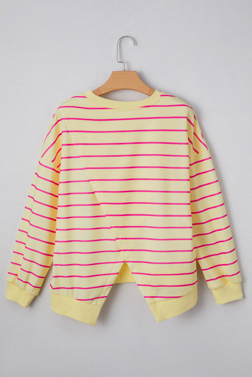 Striped Overlap Detail V-Neck Drop Shoulder Long Sleeve Pullover Sweatshirt