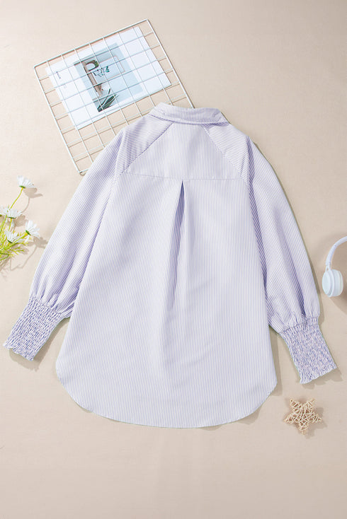Striped Oversized Button Front Smocked Cuff Shirt