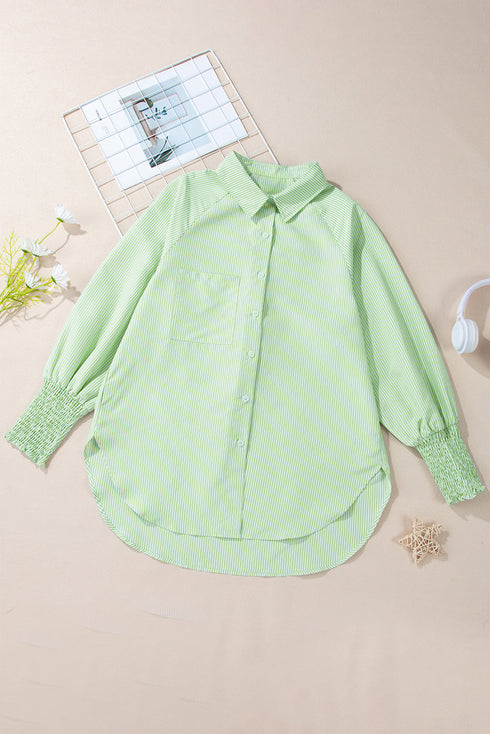 Striped Oversized Button Front Smocked Cuff Shirt