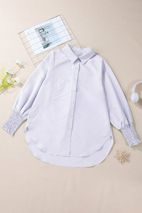 Striped Oversized Button Front Smocked Cuff Shirt