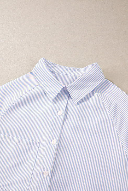 Striped Oversized Button Front Smocked Cuff Shirt
