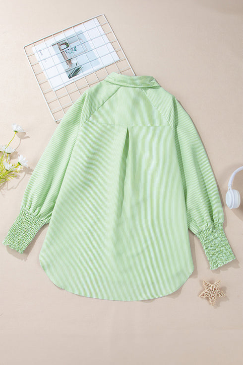 Striped Oversized Button Front Smocked Cuff Shirt
