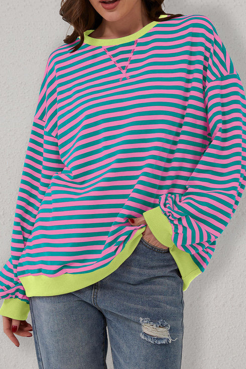 Striped Oversized Drop Shoulder Crew Neck Pullover Sweatshirt