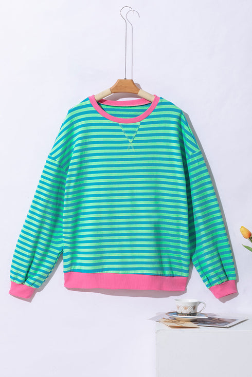 Striped Oversized Drop Shoulder Crew Neck Pullover Sweatshirt