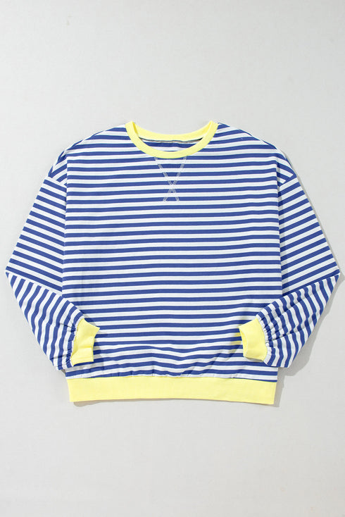 Striped Oversized Drop Shoulder Crew Neck Pullover Sweatshirt