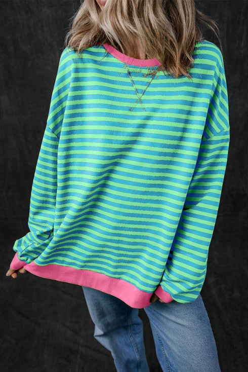 Striped Oversized Drop Shoulder Crew Neck Pullover Sweatshirt