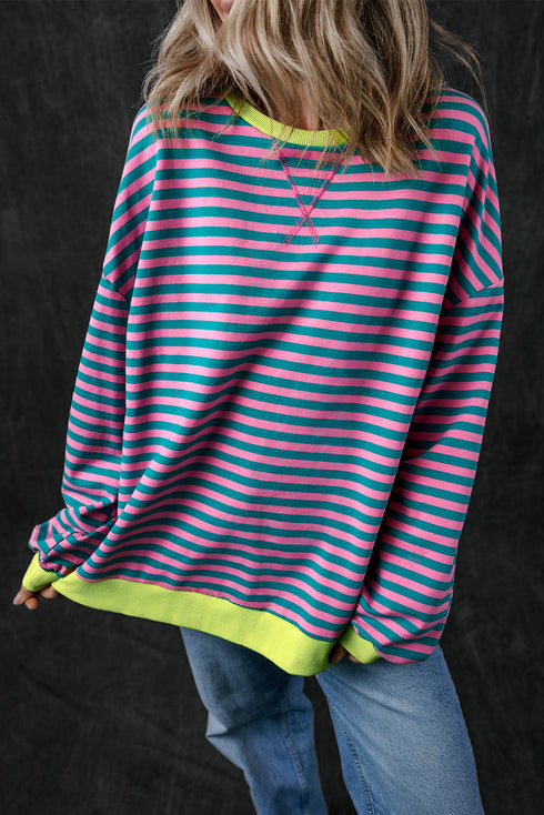 Striped Oversized Drop Shoulder Crew Neck Pullover Sweatshirt