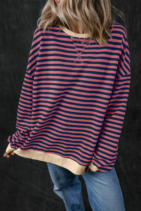 Striped Oversized Drop Shoulder Crew Neck Pullover Sweatshirt