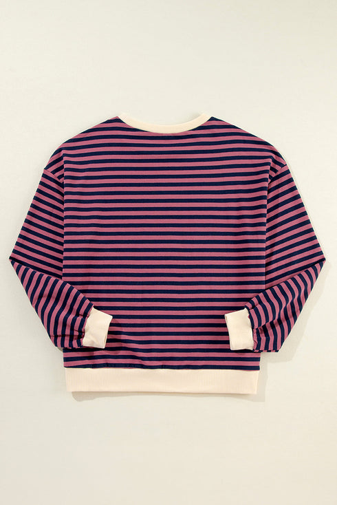 Striped Oversized Drop Shoulder Crew Neck Pullover Sweatshirt