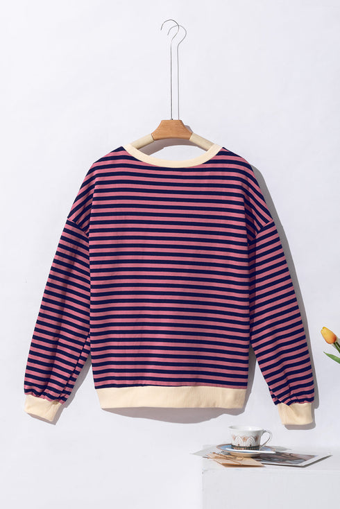 Striped Oversized Drop Shoulder Crew Neck Pullover Sweatshirt