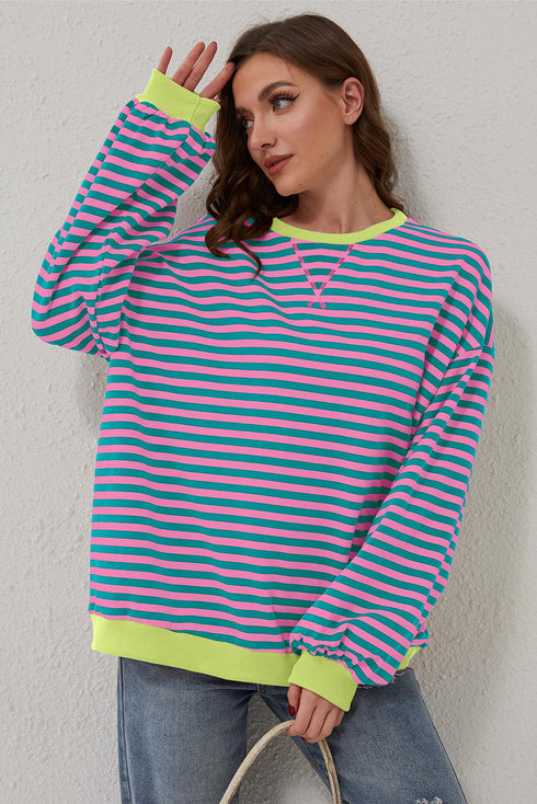 Striped Oversized Drop Shoulder Crew Neck Pullover Sweatshirt