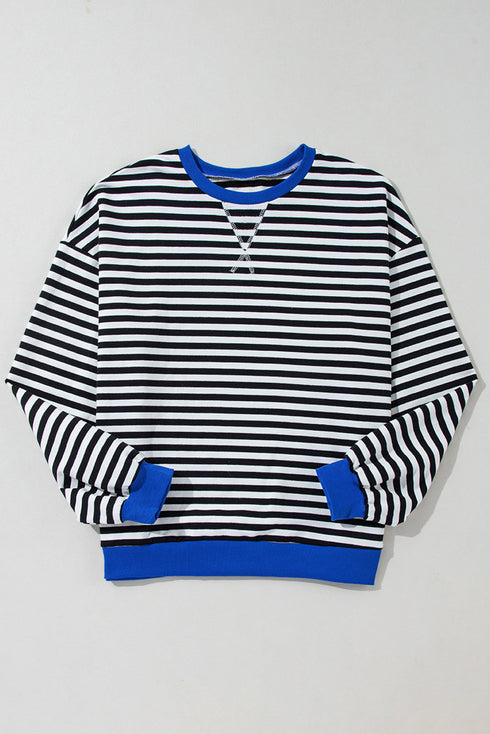 Striped Oversized Drop Shoulder Crew Neck Pullover Sweatshirt