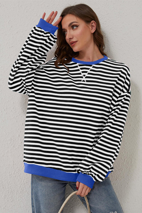 Striped Oversized Drop Shoulder Crew Neck Pullover Sweatshirt