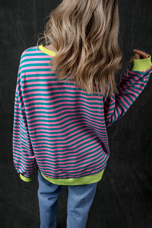 Striped Oversized Drop Shoulder Crew Neck Pullover Sweatshirt