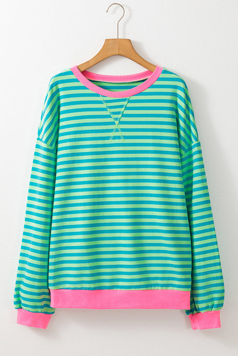 Striped Oversized Drop Shoulder Crew Neck Pullover Sweatshirt