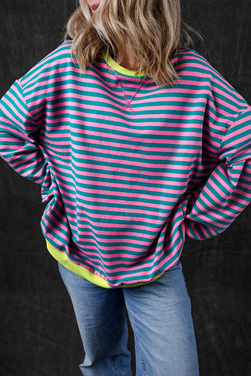 Striped Oversized Drop Shoulder Crew Neck Pullover Sweatshirt
