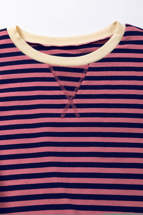 Striped Oversized Drop Shoulder Crew Neck Pullover Sweatshirt
