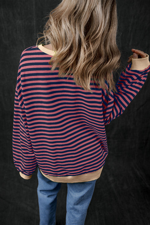 Striped Oversized Drop Shoulder Crew Neck Pullover Sweatshirt