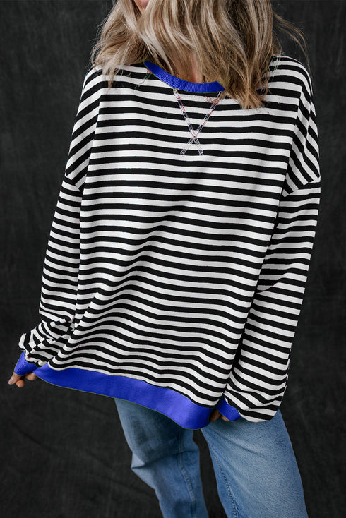 Striped Oversized Drop Shoulder Crew Neck Pullover Sweatshirt
