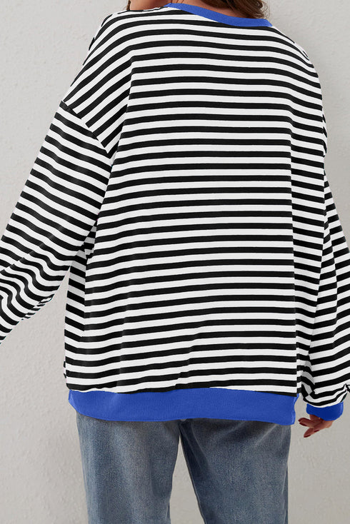 Striped Oversized Drop Shoulder Crew Neck Pullover Sweatshirt