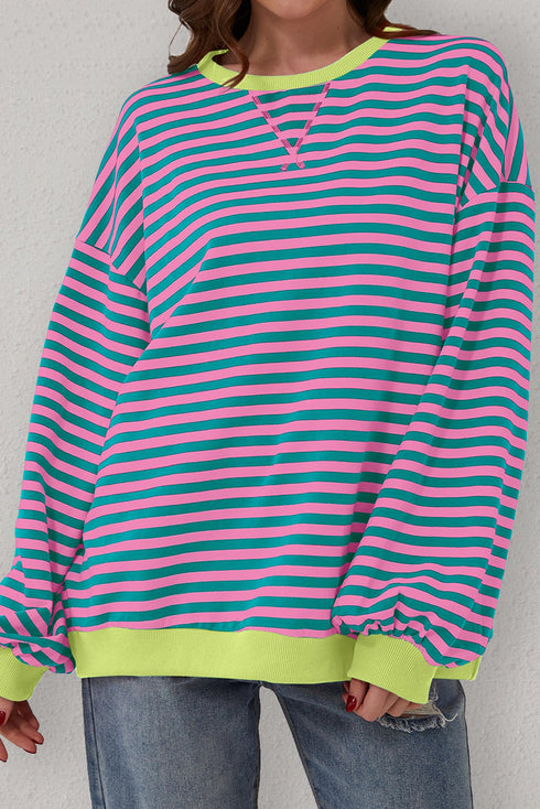 Striped Oversized Drop Shoulder Crew Neck Pullover Sweatshirt