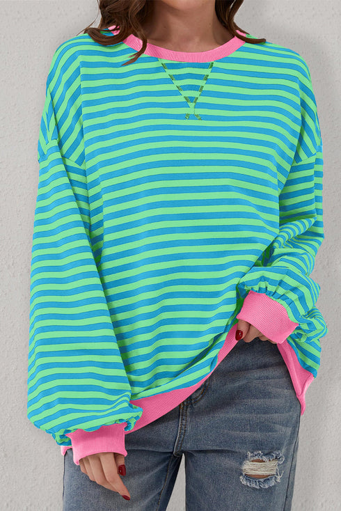 Striped Oversized Drop Shoulder Crew Neck Pullover Sweatshirt