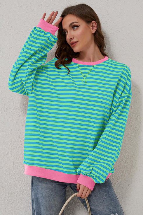 Striped Oversized Drop Shoulder Crew Neck Pullover Sweatshirt