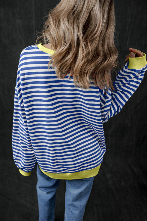 Striped Oversized Drop Shoulder Crew Neck Pullover Sweatshirt