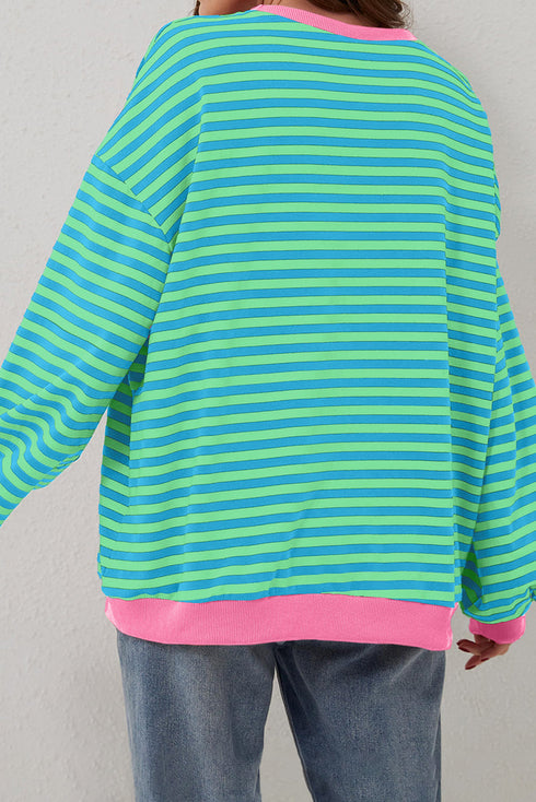 Striped Oversized Drop Shoulder Crew Neck Pullover Sweatshirt