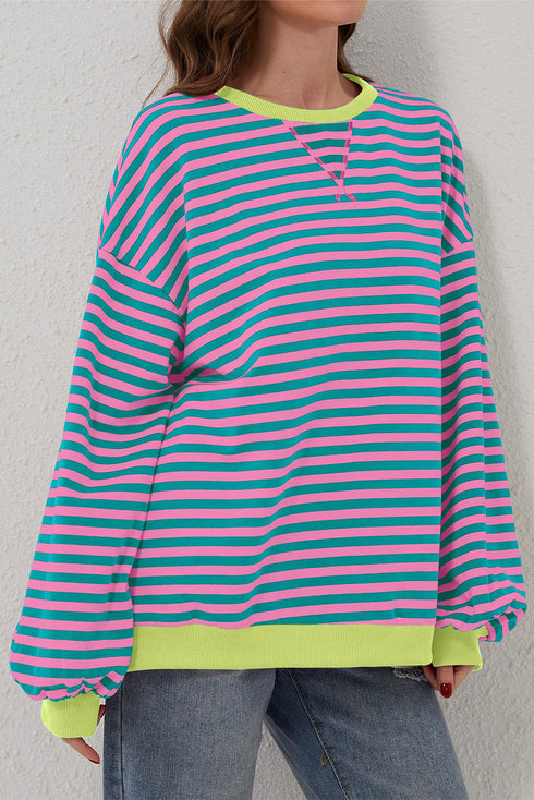Striped Oversized Drop Shoulder Crew Neck Pullover Sweatshirt