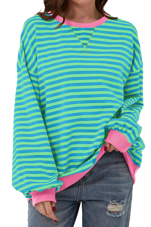Striped Oversized Drop Shoulder Crew Neck Pullover Sweatshirt