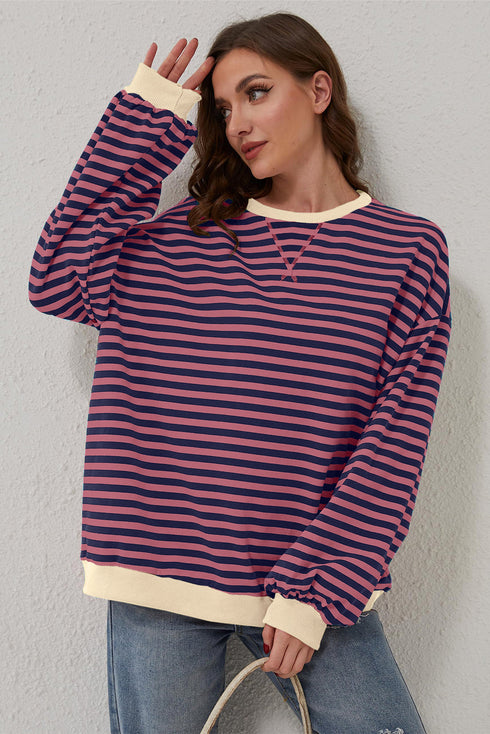 Striped Oversized Drop Shoulder Crew Neck Pullover Sweatshirt