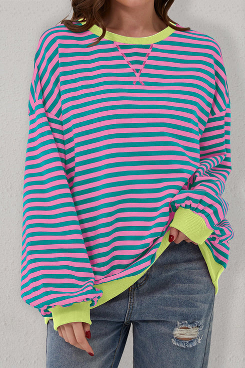 Striped Oversized Drop Shoulder Crew Neck Pullover Sweatshirt