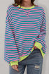 Striped Oversized Drop Shoulder Crew Neck Pullover Sweatshirt