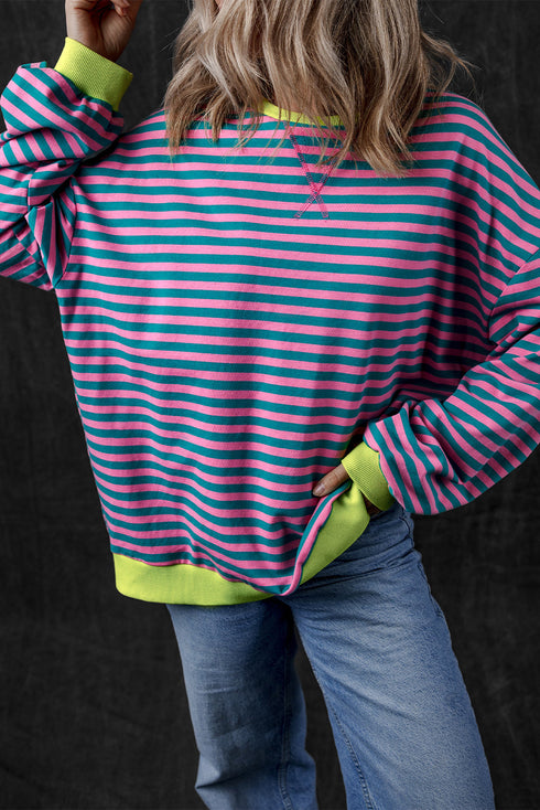 Striped Oversized Drop Shoulder Crew Neck Pullover Sweatshirt