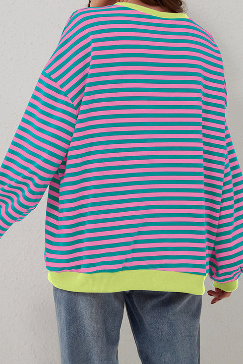 Striped Oversized Drop Shoulder Crew Neck Pullover Sweatshirt