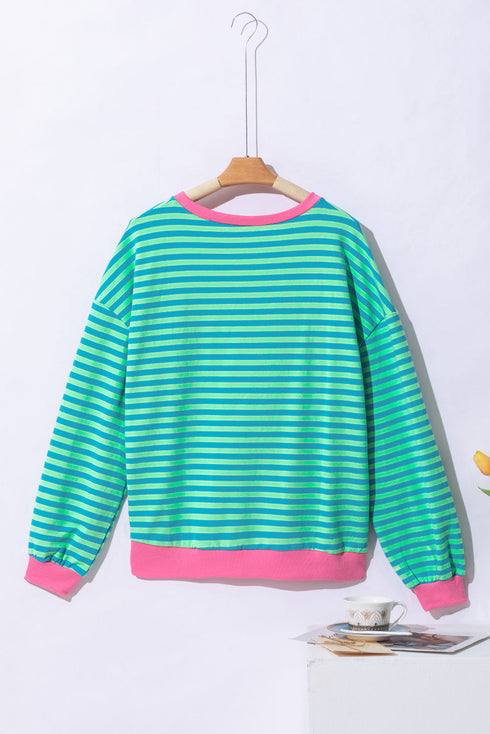 Striped Oversized Drop Shoulder Crew Neck Pullover Sweatshirt