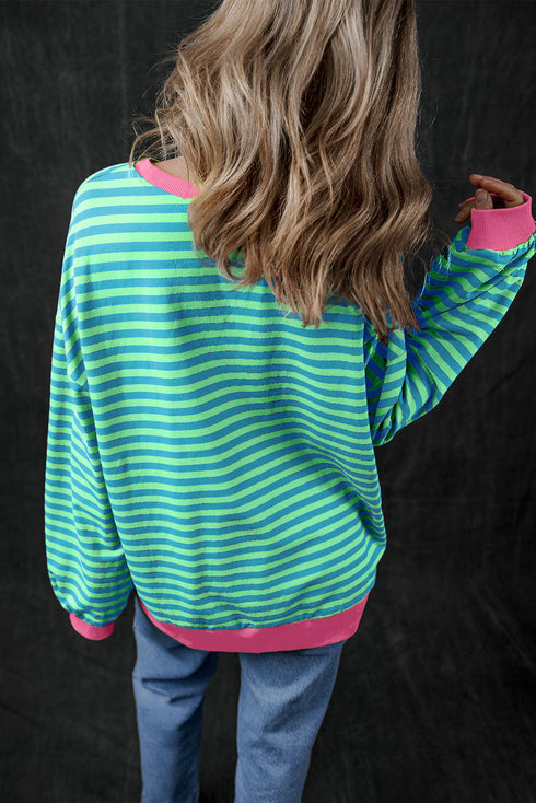 Striped Oversized Drop Shoulder Crew Neck Pullover Sweatshirt