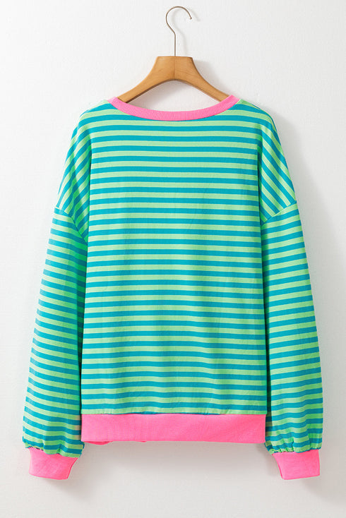 Striped Oversized Drop Shoulder Crew Neck Pullover Sweatshirt