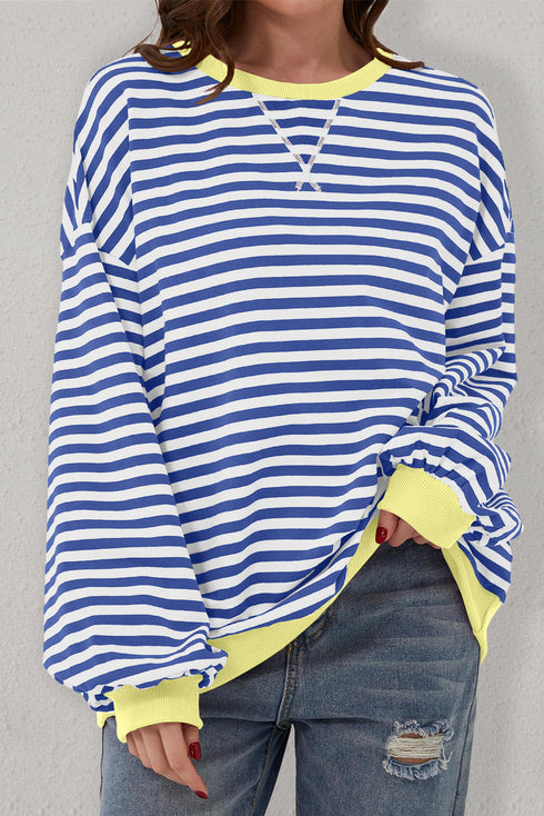 Striped Oversized Drop Shoulder Crew Neck Pullover Sweatshirt