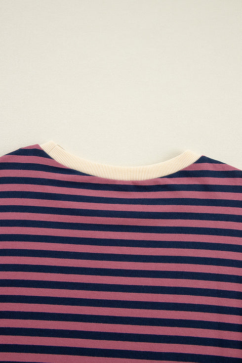 Striped Oversized Drop Shoulder Crew Neck Pullover Sweatshirt