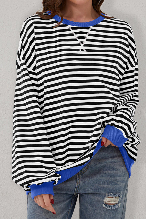 Striped Oversized Drop Shoulder Crew Neck Pullover Sweatshirt